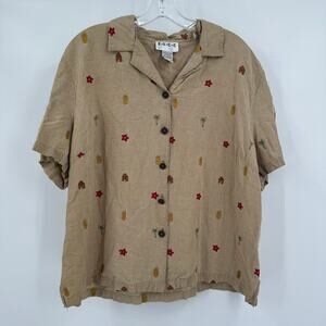 ELCC‎ Womens Button Up Top Size 1X Silk Linen Blend Embroidered Pineapples Fruit